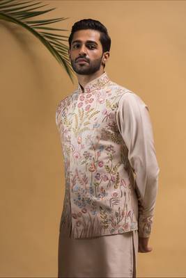 Rose gold resham and sequins hand embroidered nehru jacket  set 3