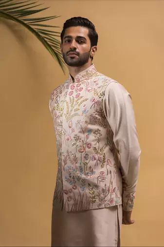 Rose gold resham and sequins hand embroidered nehru jacket  set