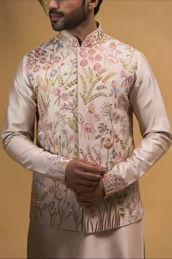 Rose gold resham and sequins hand embroidered nehru jacket  set