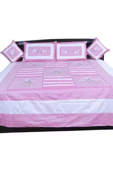 5 Piece Pink Embroidered Silk Double Bed Cover Diwali Gift 341