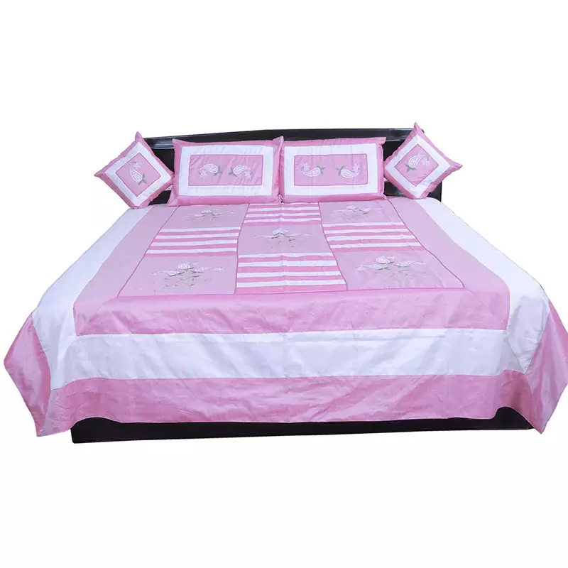 5 Piece Pink Embroidered Silk Double Bed Cover Diwali Gift 341