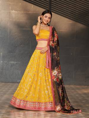  Yellow & Black Dori Zari Sequins And Thread Embroidered Georgette Indian Lehenga Choli Dress Designs 1