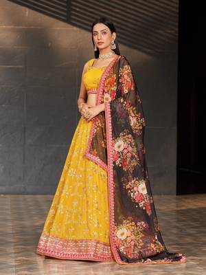  Yellow & Black Dori Zari Sequins And Thread Embroidered Georgette Indian Lehenga Choli Dress Designs 4