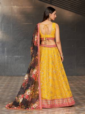  Yellow & Black Dori Zari Sequins And Thread Embroidered Georgette Indian Lehenga Choli Dress Designs 5