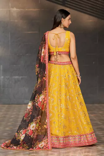  Yellow & Black Dori Zari Sequins And Thread Embroidered Georgette Indian Lehenga Choli Dress Designs