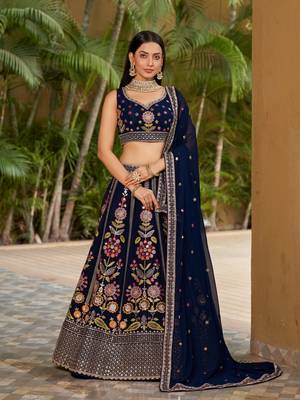  Navy Blue Dori Zari Sequins Embroidered Georgette Indian Bride Lehenga Choli Dress Designs 1