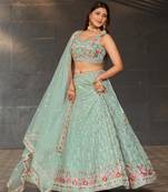 Seductive Sky-Blue Colored Dori Zari Sequins & Thread Embroidered Georgette Indian Wedding Lehenga Dress Design