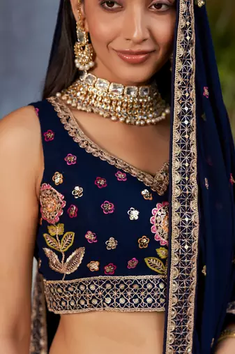  Navy Blue Dori Zari Sequins Embroidered Georgette Indian Bride Lehenga Choli Dress Designs