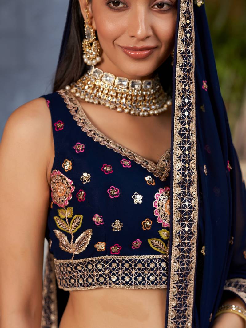  Navy Blue Dori Zari Sequins Embroidered Georgette Indian Bride Lehenga Choli Dress Designs