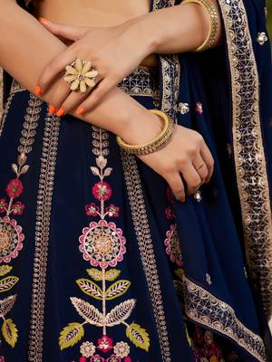  Navy Blue Dori Zari Sequins Embroidered Georgette Indian Bride Lehenga Choli Dress Designs 4