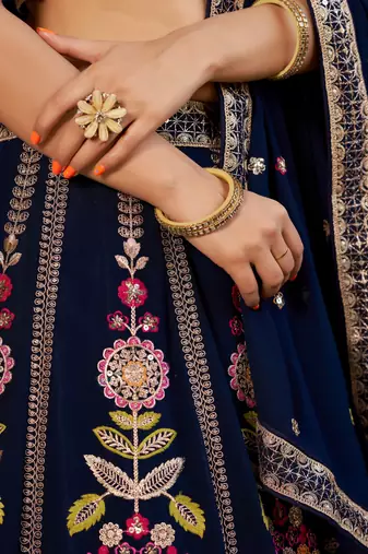  Navy Blue Dori Zari Sequins Embroidered Georgette Indian Bride Lehenga Choli Dress Designs