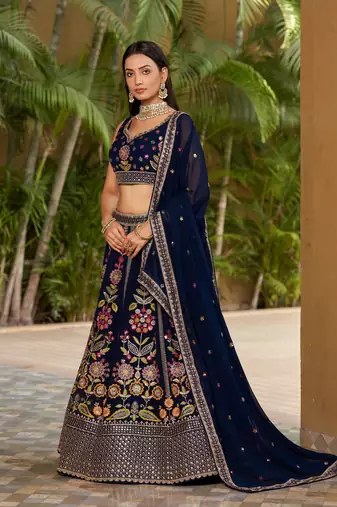  Navy Blue Dori Zari Sequins Embroidered Georgette Indian Bride Lehenga Choli Dress Designs