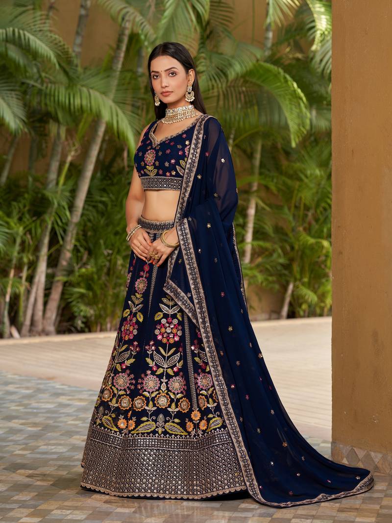  Navy Blue Dori Zari Sequins Embroidered Georgette Indian Bride Lehenga Choli Dress Designs
