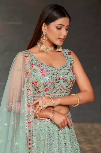 Seductive Sky-Blue Colored Dori Zari Sequins & Thread Embroidered Georgette Indian Wedding Lehenga Dress Design