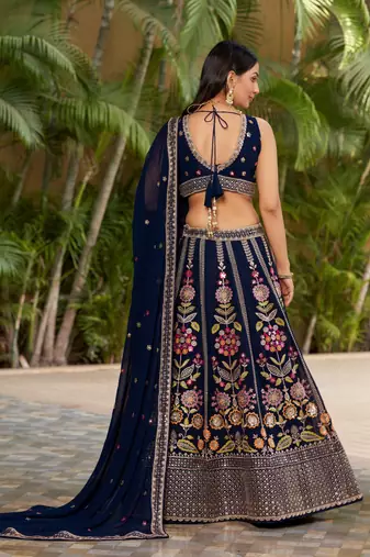 Navy Blue Dori Zari Sequins Embroidered Georgette Indian Bride Lehenga Choli Dress Designs