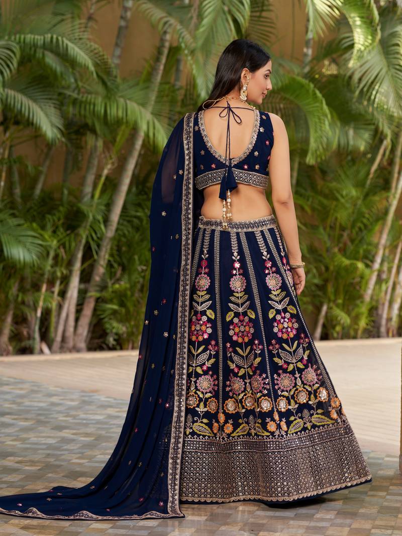  Navy Blue Dori Zari Sequins Embroidered Georgette Indian Bride Lehenga Choli Dress Designs