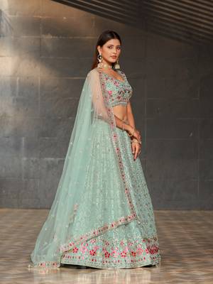 Seductive Sky-Blue Colored Dori Zari Sequins & Thread Embroidered Georgette Indian Wedding Lehenga Dress Design 4
