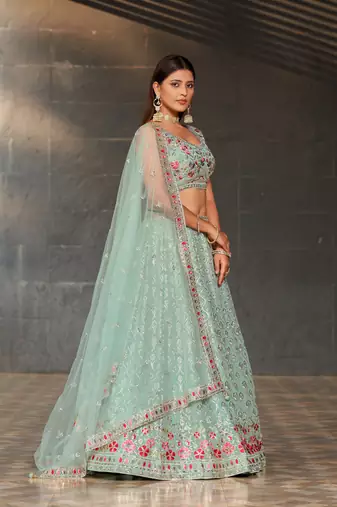 Seductive Sky-Blue Colored Dori Zari Sequins & Thread Embroidered Georgette Indian Wedding Lehenga Dress Design