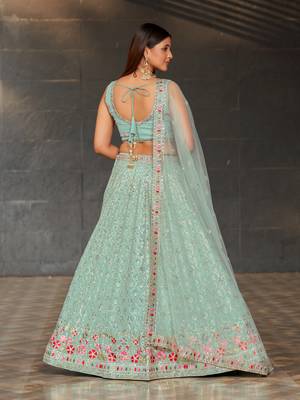 Seductive Sky-Blue Colored Dori Zari Sequins & Thread Embroidered Georgette Indian Wedding Lehenga Dress Design 5