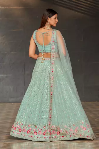 Seductive Sky-Blue Colored Dori Zari Sequins & Thread Embroidered Georgette Indian Wedding Lehenga Dress Design