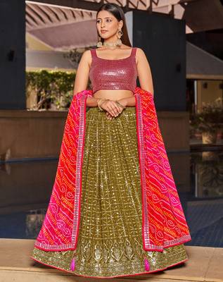 Olive Green & Pink Zari And Sequins Embroidered Georgette Indian Wedding Lehenga Dress 1