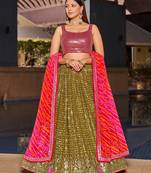 Olive Green & Pink Zari And Sequins Embroidered Georgette Indian Wedding Lehenga Dress