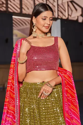 Olive Green & Pink Zari And Sequins Embroidered Georgette Indian Wedding Lehenga Dress