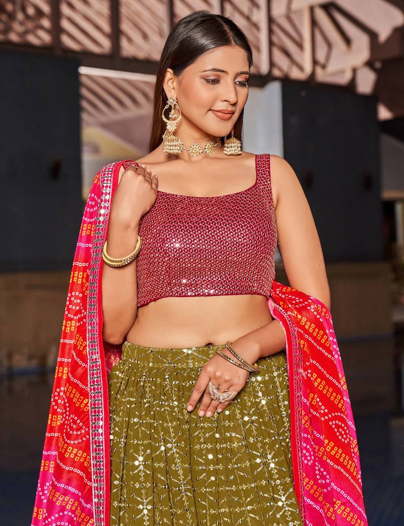 Olive Green & Pink Zari And Sequins Embroidered Georgette Indian Wedding Lehenga Dress