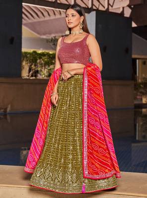 Olive Green & Pink Zari And Sequins Embroidered Georgette Indian Wedding Lehenga Dress 4