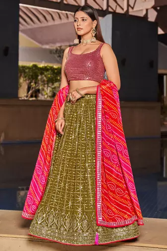 Olive Green & Pink Zari And Sequins Embroidered Georgette Indian Wedding Lehenga Dress