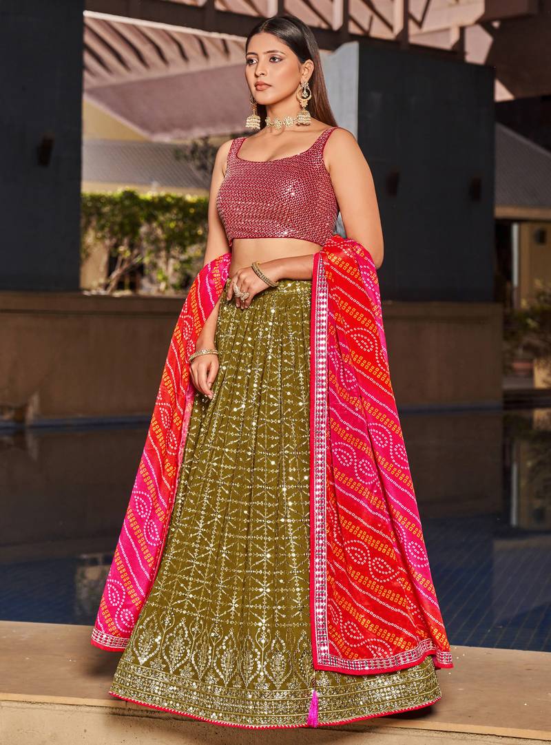 Olive Green & Pink Zari And Sequins Embroidered Georgette Indian Wedding Lehenga Dress