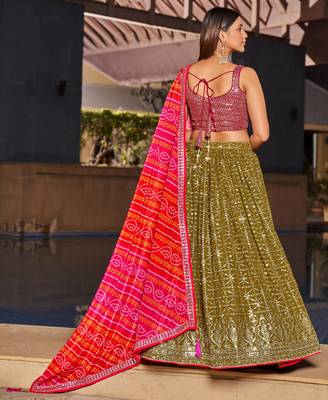 Olive Green & Pink Zari And Sequins Embroidered Georgette Indian Wedding Lehenga Dress 5