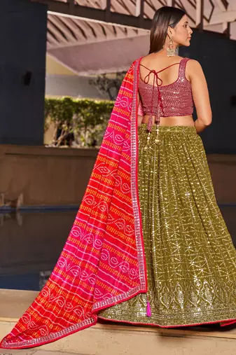 Olive Green & Pink Zari And Sequins Embroidered Georgette Indian Wedding Lehenga Dress