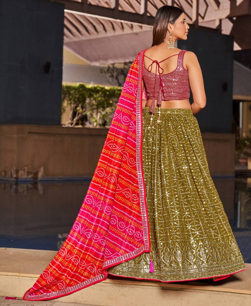 Olive Green & Pink Zari And Sequins Embroidered Georgette Indian Wedding Lehenga Dress
