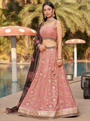 Pink-Brown Sequins Zari Thread And Dori Work Embroidered Georgette Indian Bride Lehenga Choli Dress Design 1