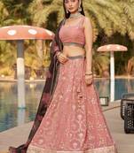  Pink-Brown Sequins Zari Thread And Dori Work Embroidered Georgette Indian Bride Lehenga Choli Dress Design