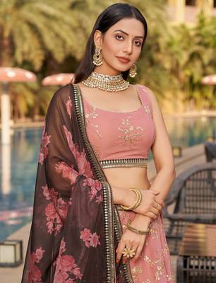  Pink-Brown Sequins Zari Thread And Dori Work Embroidered Georgette Indian Bride Lehenga Choli Dress Design 3