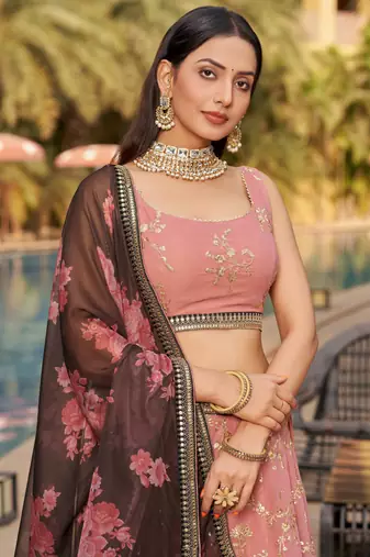  Pink-Brown Sequins Zari Thread And Dori Work Embroidered Georgette Indian Bride Lehenga Choli Dress Design