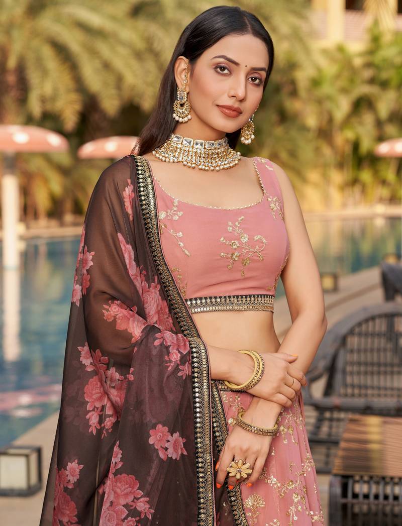  Pink-Brown Sequins Zari Thread And Dori Work Embroidered Georgette Indian Bride Lehenga Choli Dress Design