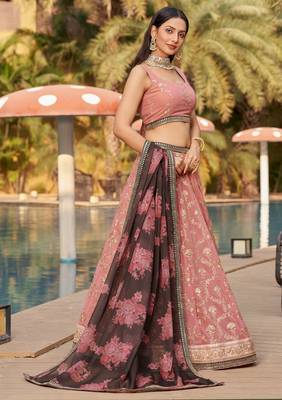  Pink-Brown Sequins Zari Thread And Dori Work Embroidered Georgette Indian Bride Lehenga Choli Dress Design 4