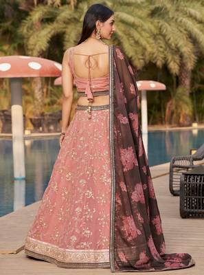 Pink-Brown Sequins Zari Thread And Dori Work Embroidered Georgette Indian Bride Lehenga Choli Dress Design 5