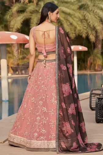  Pink-Brown Sequins Zari Thread And Dori Work Embroidered Georgette Indian Bride Lehenga Choli Dress Design