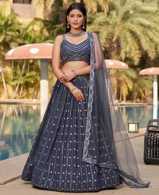  Grey Dori Zari Sequins Embroidered Georgette Wedding Indian Lehenga Dress Design 1