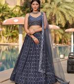  Grey Dori Zari Sequins Embroidered Georgette Wedding Indian Lehenga Dress Design