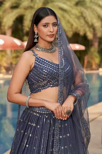  Grey Dori Zari Sequins Embroidered Georgette Wedding Indian Lehenga Dress Design