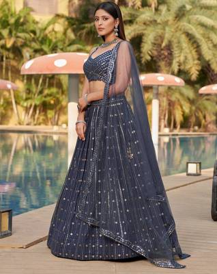  Grey Dori Zari Sequins Embroidered Georgette Wedding Indian Lehenga Dress Design 4