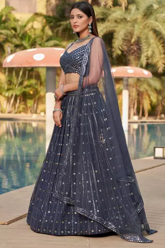  Grey Dori Zari Sequins Embroidered Georgette Wedding Indian Lehenga Dress Design