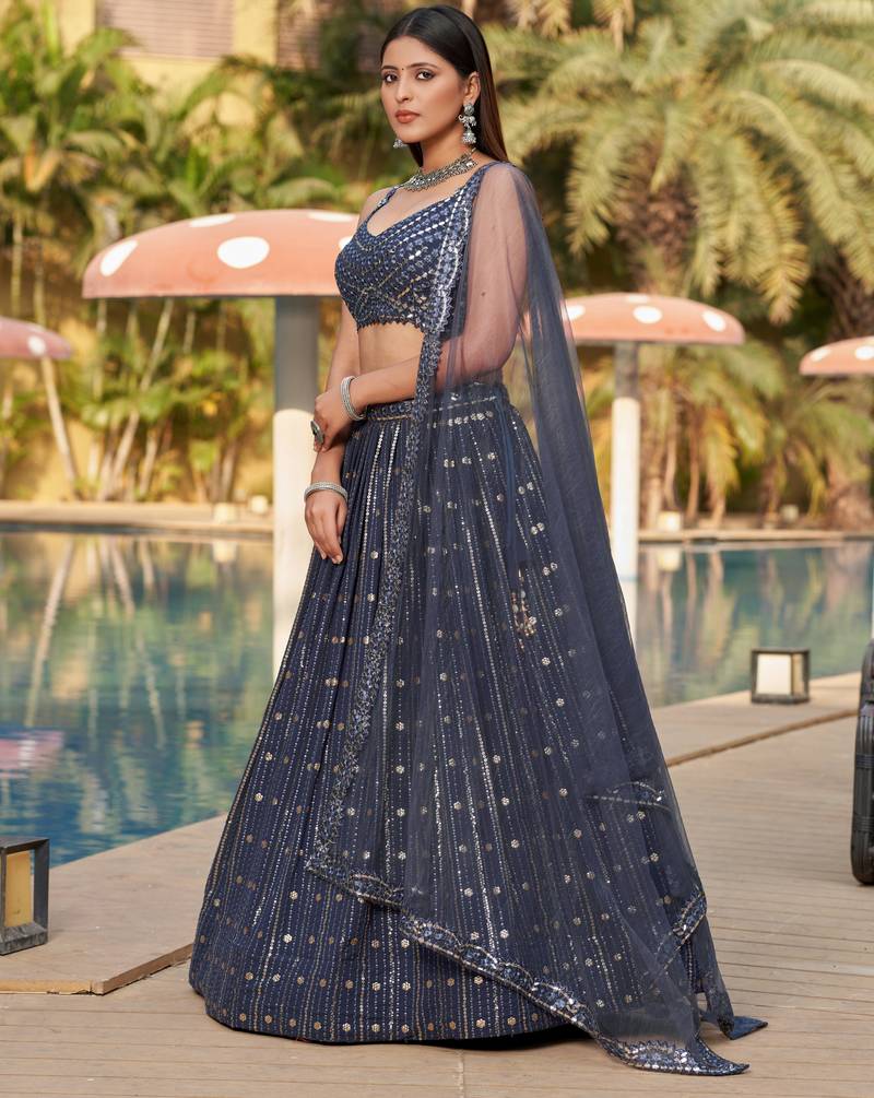  Grey Dori Zari Sequins Embroidered Georgette Wedding Indian Lehenga Dress Design