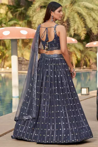  Grey Dori Zari Sequins Embroidered Georgette Wedding Indian Lehenga Dress Design
