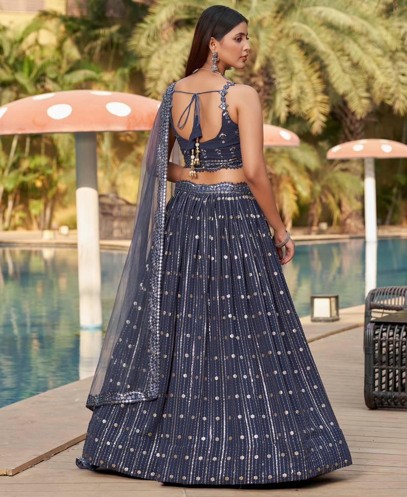  Grey Dori Zari Sequins Embroidered Georgette Wedding Indian Lehenga Dress Design
